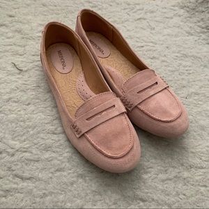 Pink suede loafers
